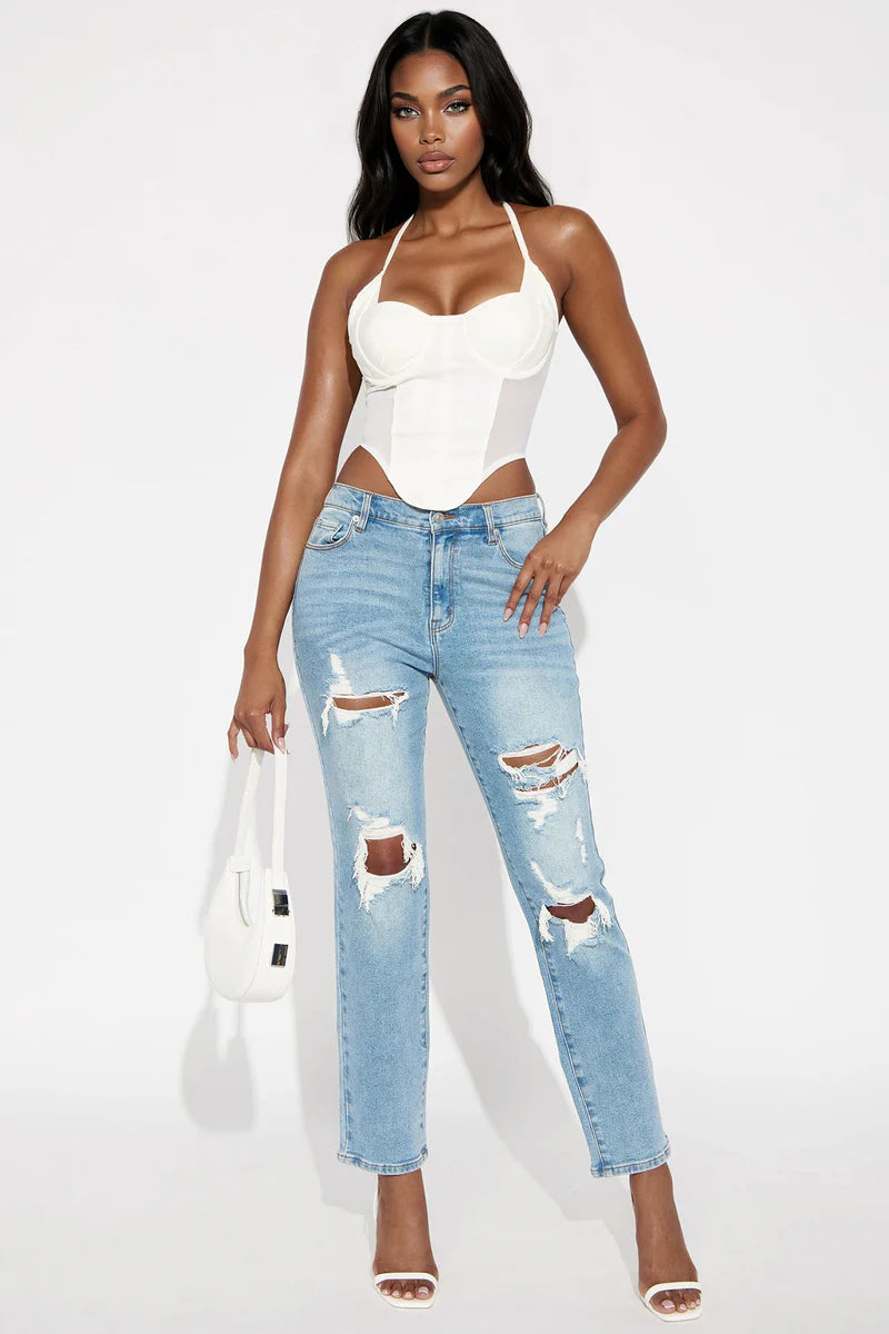 Destroyed Mom Jeans - Medium Blue Wash