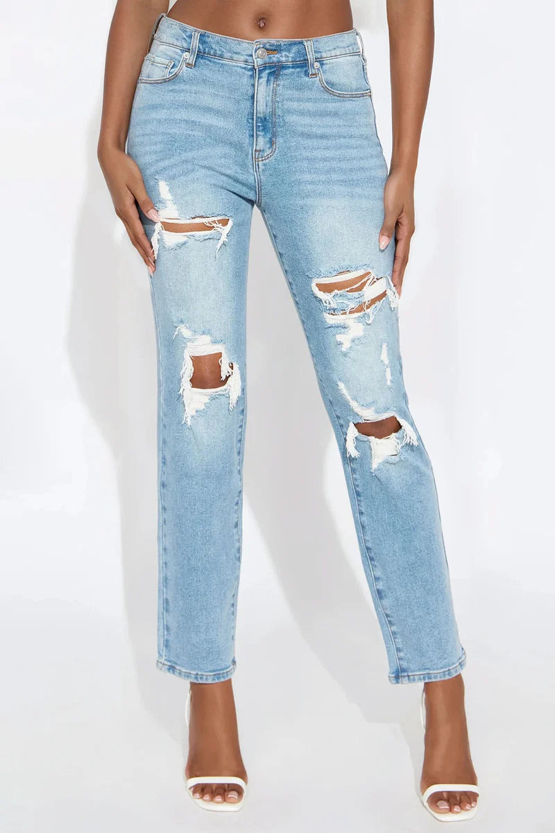 Destroyed Mom Jeans - Medium Blue Wash