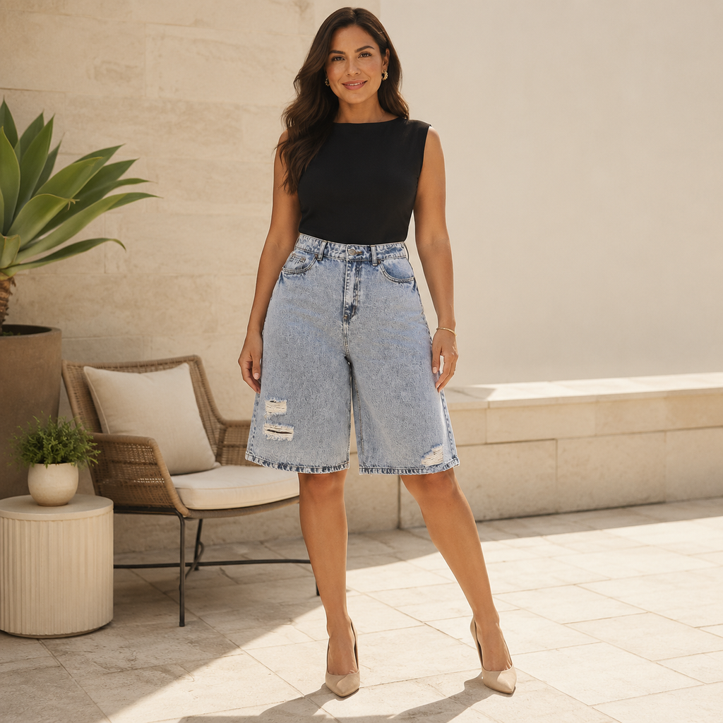 Jorts Iridiscentes Azul Claro con Rotos