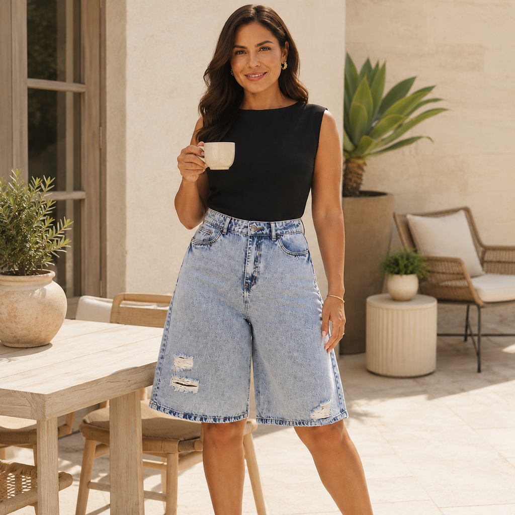 Jorts Iridiscentes Azul Claro con Rotos