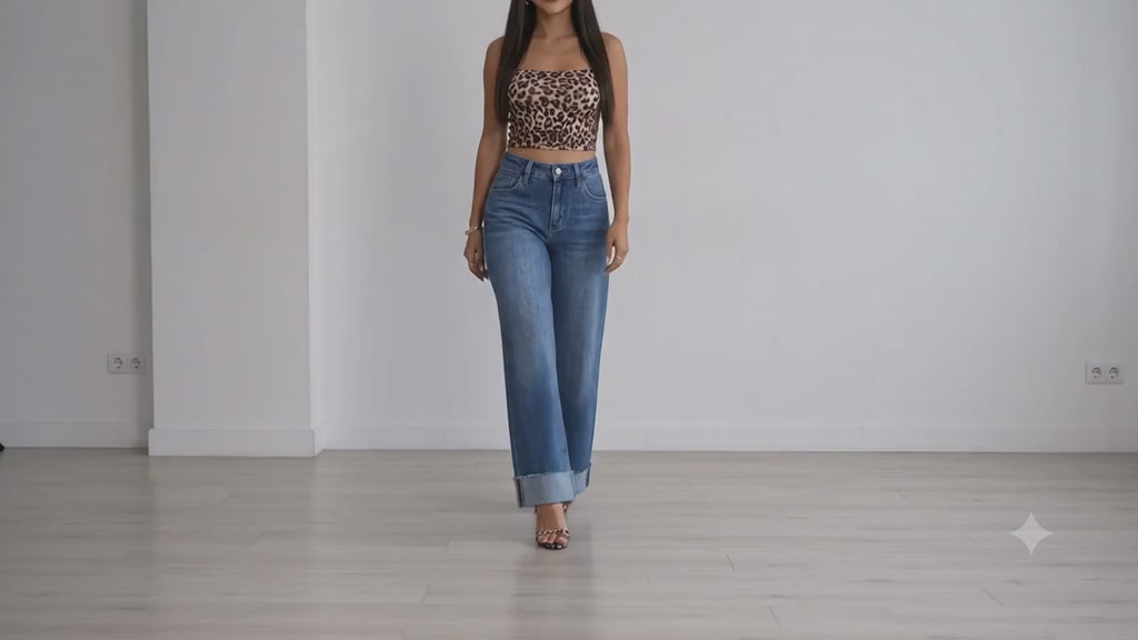 Jeans Wide Leg de Tiro Alto con Dobladillo